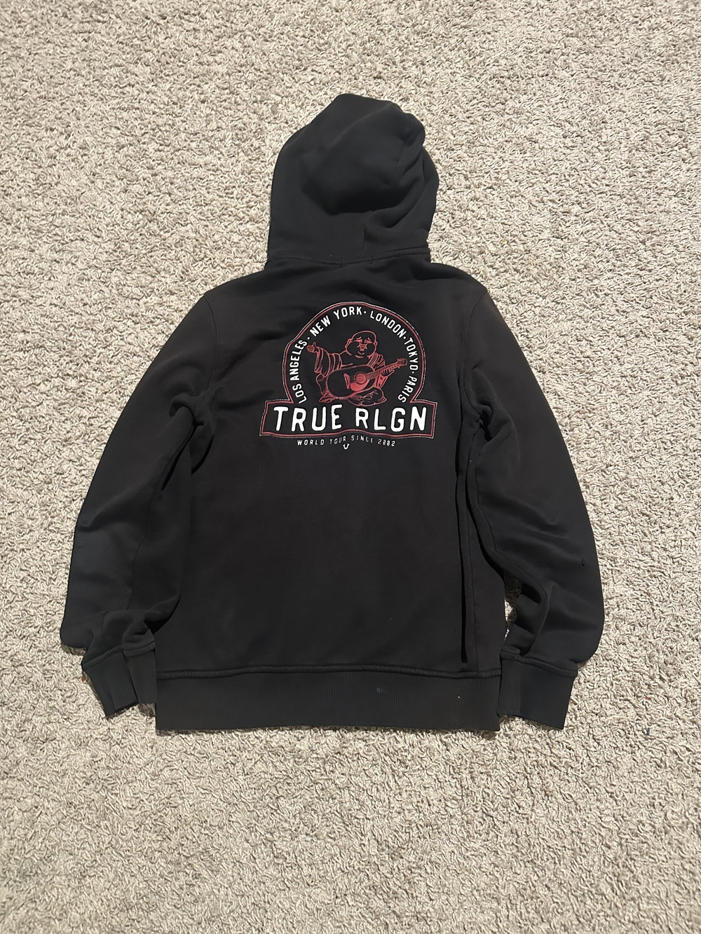 True Religion Black Hoodie with Red Logo Back Graphic